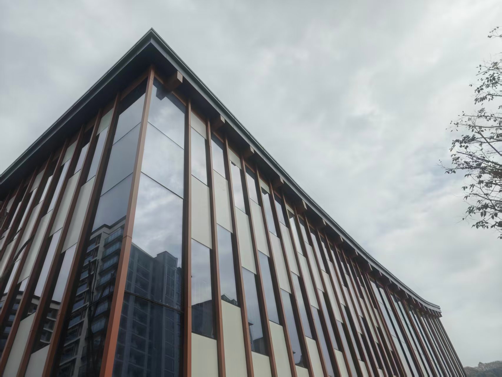 Low-angle view of inclined curtain wall